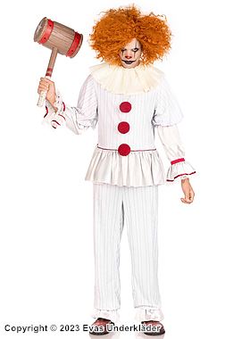 Creepy clown from IT, costume top and pants, ruffles, long sleeves, pom pom buttons